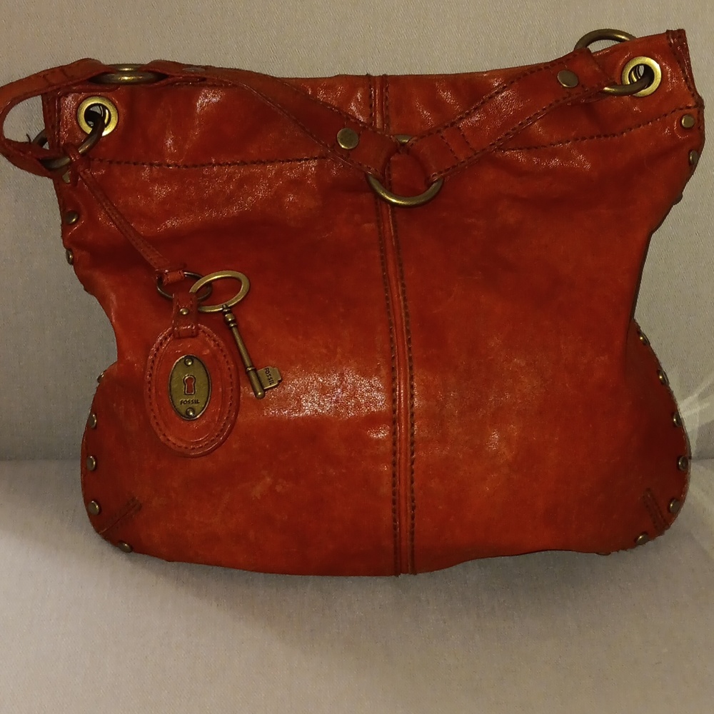 Fossil brass studded leather hobo bag